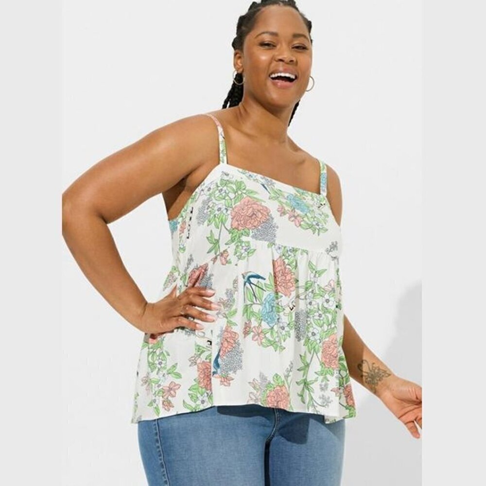 Torrid - Babydoll Challis Square Neck Tank in Line Airbrush Floral Cloud Dancer